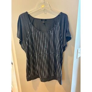 Deb Womens size 2X Charcoal Gray Y2K Sequin Stripe Short Sleeve Banded Hem Top